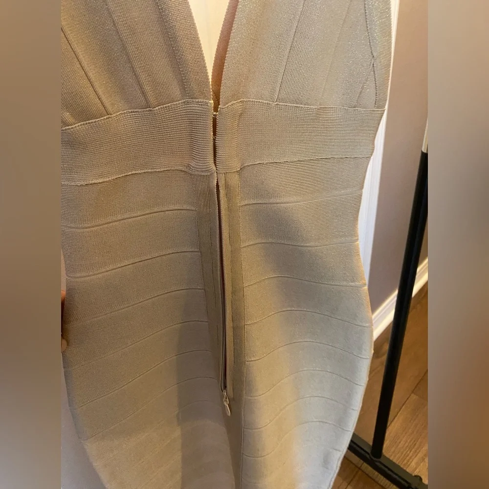 Herve Leger Champagne Gold Foil Knit Dress - Picture 7 of 13